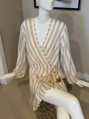 Blue Island Size L ( 12 14) NEW NWT Tan White Stripe Sun dress Swimsuit-Coverup